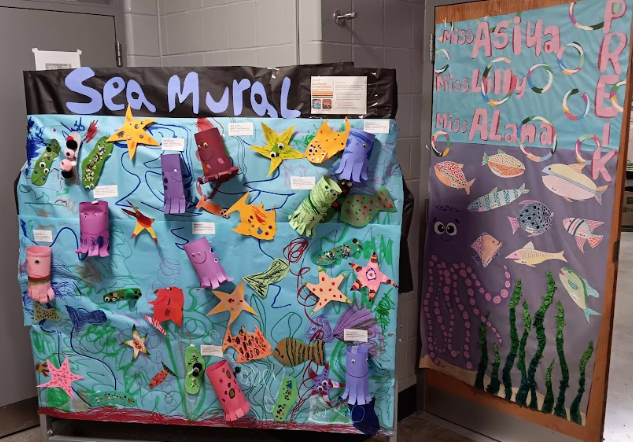 2D and mixed media sea mural pre-k + k collaborative